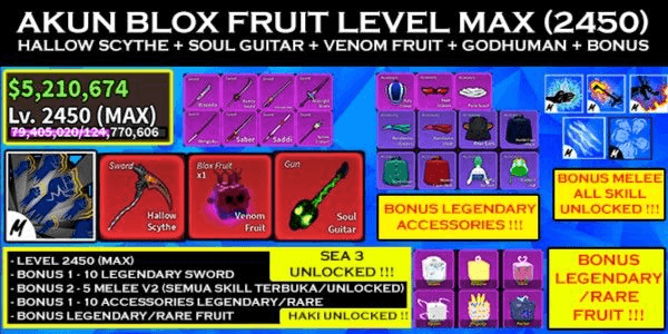 Blox Fruits] Lvl 2450+hallow scythe+fruits lvl 1:spirit,shadow