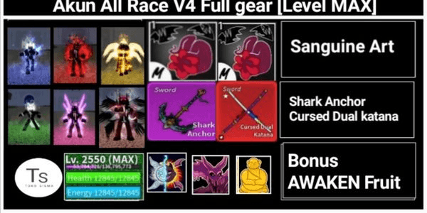 Gambar Product Blox Fruit All Race V4 Full Gear (Awakening) Account (SANGUINE ART + GODHUMAN + CDK + SHARK ANCHOR) [MAX Level] [DATPOL]