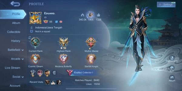 Gambar Product Akun Skin 394, 3 Skin Legend, 4 Collector, EXO Yu Zhong, ASPI Ruby, M2 Clint, 2 JJK, 6 KOF, 2 STARWARS, 4 ZODIAK, BORDER MLBB GLORY