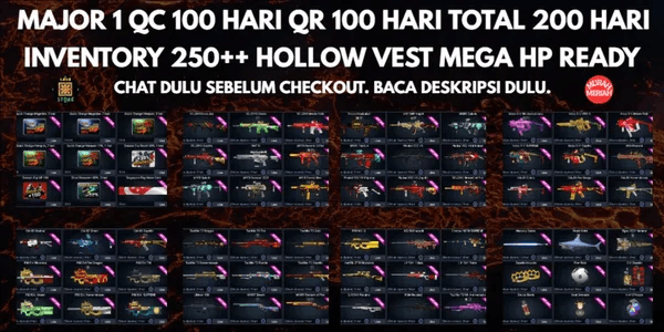MAJOR 1 QC 100 DAYS QR 100 DAYS TOTAL 200 DAYS INVENTORY 250++ HOLLOW VEST MEGA HP READY READY TO USE TENS OF DAYS (CHAT FIRST BEFORE ORDER, CODE-LV7)