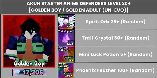 Gambar Product Akun Starter Anime Defenders Level 20+ [Golden Boy / Golden Adult (Un-Evo)]