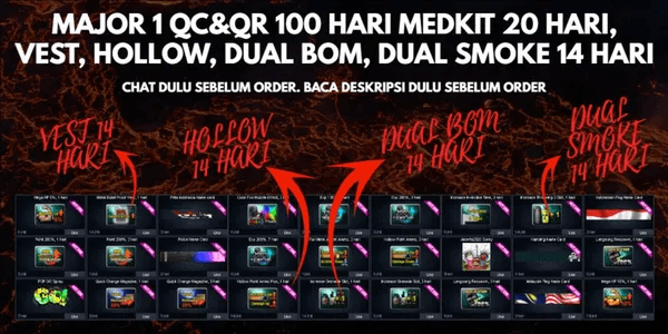 MAJOR 1 QC&QR 100 DAYS MEDKIT 20 DAYS, VEST, HOLLOW, DUAL BOMB, DUAL SMOKE 14 DAYS (CHAT FIRST BEFORE ORDER, CODE-LV8)
