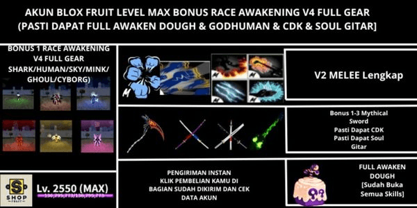 Gambar Product Akun Blox Fruit Level Max Bonus Race Awakening V4 Full Gear (Awakening) (Full Awaken Dough + Godhuman + CDK + Soul Gitar)