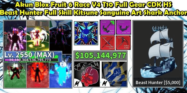 Gambar Product Blox Fruit Account All 6 Race V4 T10 Full Gear Level Max Buy 100M Beast Hunter Sanguine Art CDK Hallowscythe Shark Anchor Full Skill Kitsune