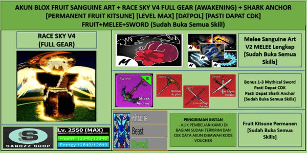 Gambar Product Akun Blox Fruit Permanent Kitsune + Sanguine Art + Race Sky V4 Full Gear (Awakening) + Shark Anchor (Godhuman + CDK) [Level MAX]