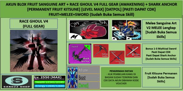 Gambar Product Akun Blox Fruit Permanent Kitsune + Sanguine Art + Race Ghoul V4 Full Gear (Awakening) + Shark Anchor (Godhuman + CDK) [Level MAX]