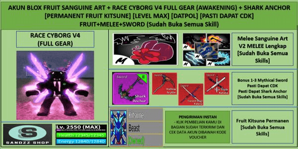 Gambar Product Akun Blox Fruit Permanent Kitsune + Sanguine Art + Race Cyborg V4 Full Gear (Awakening) + Shark Anchor (Godhuman + CDK) [Level MAX]