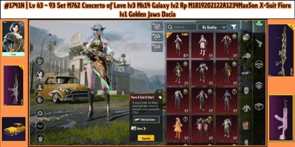 Gambar Product Akun X-Suit Fiore lv1 . M762 Beryl Concerto lv3 + Mk14 Gilded Galaxy lv2 . Rp M1819202122A1234Max5on . Dacia Golden Jaws + 8 Weapob Lab #1943