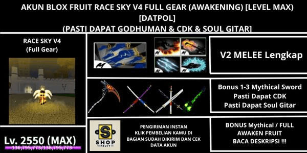Gambar Product Akun Blox Fruit Race SKY V4 Full Gear (Awakening) (Godhuman + CDK + Soul Gitar) [Level MAX]