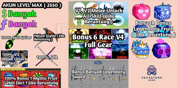 Gambar Product Akun Level Max ( 6 Race V4 Full Gear + Cdk + Sg + Melee V2 + 1 Mythic Fruit ) ( Data Polos ) - Blox Fruit