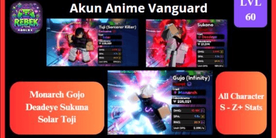 Gambar Product Akun Monarch Gojo, Deadeye Sukuna, Solar Toji, VIP, Premium Pass, Baca Desc | Anime Vanguards