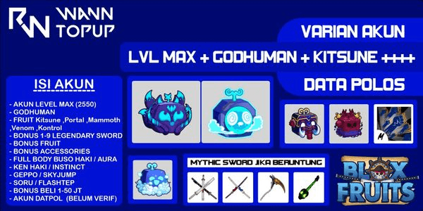 Gambar Product Akun Blox Fruit LEVEL MAX [GODHUMAN + INVENTORY KITSUNE + PORTAL + MAMMOTH + VENOM + KONTROL] [Data polos] [Belum Verifikasi]