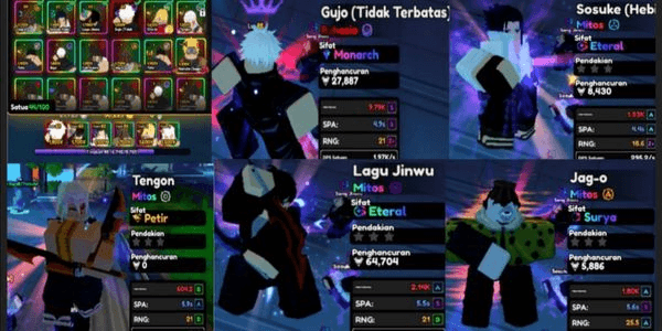 Gambar Product Akun Unit Gojo Evo Monarch, Sjw Eteral, Sasuke Eteral, Jag-o Solar, Tengon Blitz, Cha In Blitz, Choso Blitz, Level 85 (Datpol)