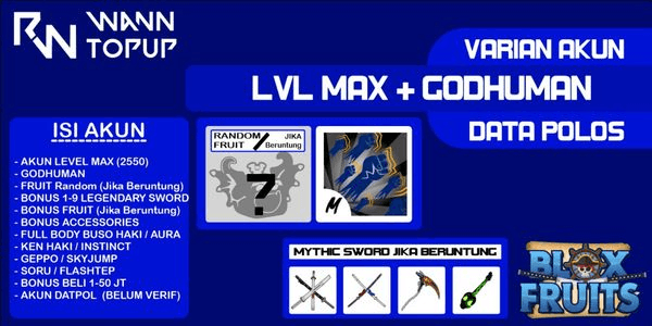 Gambar Product Akun Blox Fruit LEVEL MAX [GODHUMAN] [Data Polos] [Belum Verifikasi]