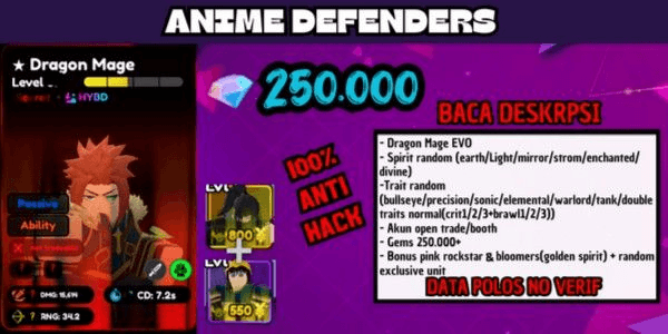 Gambar Product akun anime defenders SECRET Dragon mage(EVO) + 100000 gems + open booth & trade | unverified | instant | AD