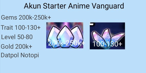 Gambar Product Akun Starter Anime Vanguard(200k Gems Level 80+ dan Trait 130+)