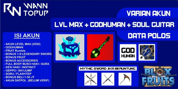 Gambar Product Akun Blox Fruit LEVEL MAX [GODHUMAN + INVENTORY Rumble + SOUL GUITAR] [Data Polos] [Belum Verifikasi]