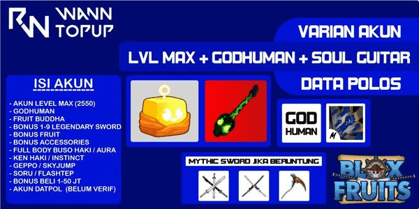 Gambar Product Akun Blox Fruit LEVEL MAX [GODHUMAN + INVENTORY BUDDHA + SOUL GUITAR] [Data polos] [Belum Verifikasi]