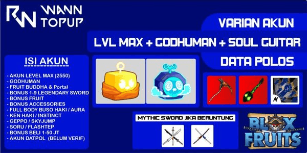 Gambar Product Akun Blox Fruit LEVEL MAX [GODHUMAN + INVENTORY BUDDHA + PORTAL + SOUL GUITAR + Hallow Scythe] [Data polos] [Belum Verifikasi]