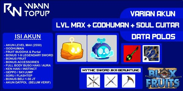Gambar Product Akun Blox Fruit LEVEL MAX [GODHUMAN + INVENTORY BUDDHA + PORTAL + SOUL GUITAR] [Data polos] [Belum Verifikasi]