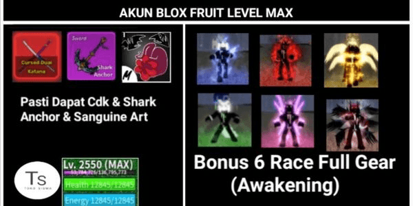 Gambar Product Akun Blox Fruit (Semua Race V4 Full Gear + Cdk + Shark Anchor + Melee Sanguine Art) (Level Max) (Data Polos)