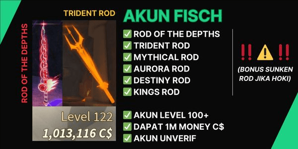 Gambar Product Akun Fisch Level 100+ + Rod of the Depths + Trident Rod + 1M Money C$