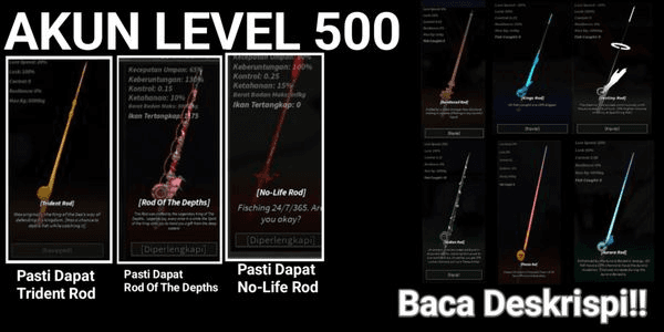 Gambar Product Fisch Account Level 500 (Trident Rod + Rod Of The Depths + No-Life Rod) (Not Verified)