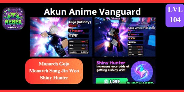 Gambar Product Akun Monarch Gojo, Monarch Sung Jin Woo, VIP, Premium Pass, Shiny Hunter (Gamepass) | Anime Vanguard