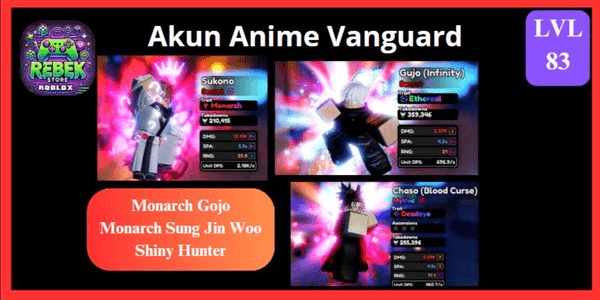 Gambar Product Akun Monarch Sukuna, Ethereal Gojo, VIP, Premium Pass | Anime Vanguard