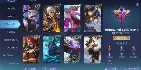 Gambar Product mobile legend account contains 310 skins