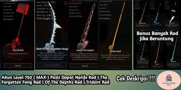 Gambar Product Akun Level 750 | The Forgotten Fang Rod | Rod Of The Depths | Nolife Rod | Trident Rod - Fisch