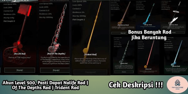 Gambar Product Akun Level 500 | Nolife Rod | Trident Rod | Of The Depths Rod - Fisch