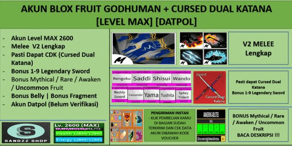 Gambar Product Akun Blox Fruit GODHUMAN+CURSED DUAL KATANA [Level MAX] [DATPOL]