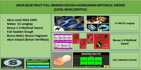 Gambar Product Akun Blox Fruit FULL AWAKEN DOUGH+GODHUMAN+MYTHICAL SWORD [Level MAX][Melee+Fruit+Sword All Skills Unlock]