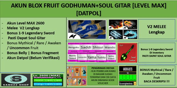 Gambar Product Akun Blox Fruit GODHUMAN + SOUL GITAR [Level MAX] [Datpol] [Belum Verifikasi]