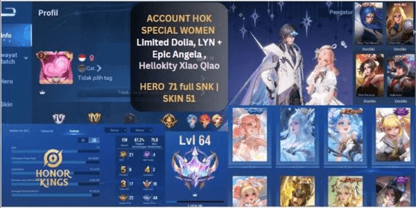 Gambar Product AKUN HOK CANTIK HERO 71 FULL SNK | SKIN 51 | LIMITED DOLIA, KIC LUNA, LYN ANGELA + EPIC ANGELA, HELOKITY XIAO QIAO | WR 67% | LV 64