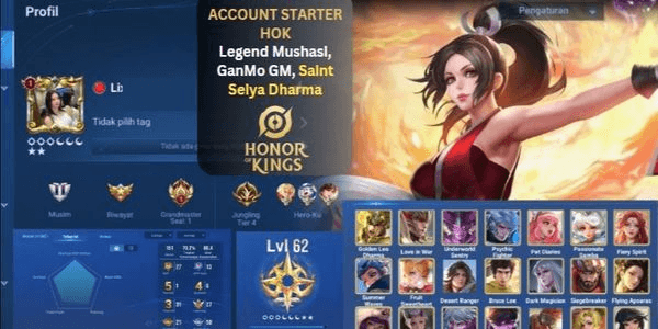 Gambar Product STARTER HOK HIGH WR 70% | HERO 45 + SNK MAI SHIRANUI | SKIN 32 | LENGEND MUSHASI, SAINT SAIYA DHARMA, EPIC GM MEDAL || LV 62 EX GM