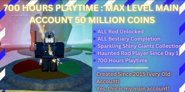 Gambar Product Main Account 800H Playtime, 50M Coins, MAX Level, ALL ROD UNLOCKED, Rare Fish Collections