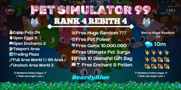 Gambar Product Account Pet Simulator 99 | Rank 4 Rebith 4 | Bonus 10.000.000 Diamond | Unlocked Trade & Booth | Pengiriman Instant