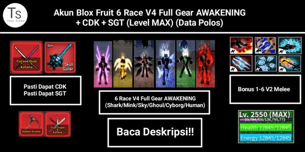 Gambar Product Akun Blox Fruit 6 Race V4 Full Gear AWAKENING + CDK + SGT (Level MAX) (Data Polos)