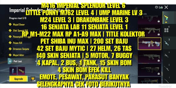 Gambar Product M416 IMPERIAL SPLENDOR LEVEL 6  LITTLE PONNY M762 LEVEL 4 | UMP MARINE LV 3 | M24 LV 3 | PISO LV 3 | 200 SET BAJU  | 19 RP MAX