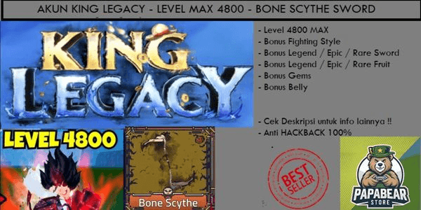 Gambar Product AKUN KING LEGACY - LEVEL MAX - BONE SCYTHE SWORD - DATA POLOS