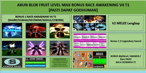 Gambar Product Akun Blox Fruit Level Max Bonus Race Awakening V4 T1 (Godhuman)
