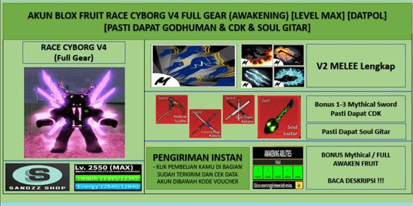 Gambar Product Akun Blox Fruit Race Cyborg V4 Full Gear (Awakening) (Godhuman + CDK + Soul Gitar) [Level MAX]