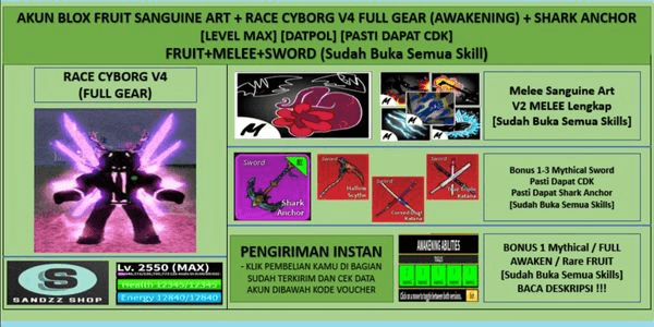 Gambar Product Akun Blox Fruit Sanguine Art + Race Cyborg V4 Full Gear (Awakening) + Shark Anchor (Godhuman + CDK) [Level MAX]