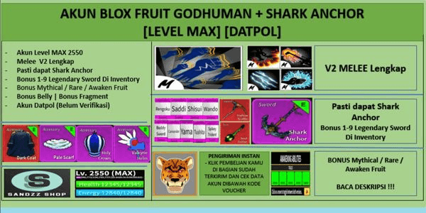 Gambar Product Akun Blox Fruit GODHUMAN + SHARK ANCHOR [Level MAX] [Datpol] [Belum Verifikasi]