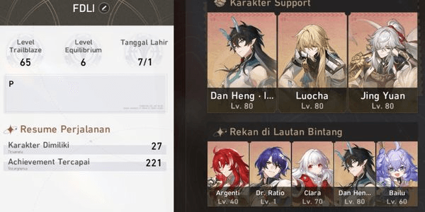 Gambar Product [Asia] Cheap account 5 Limited - Argenti+Jingyuan+Luocha+Dr. Ratio+Dan Heng: Imbibitor Lunae (GIRLS MC)