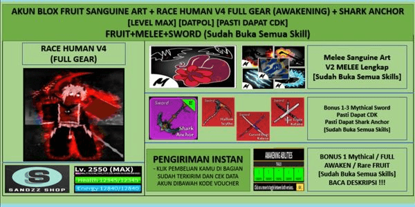 Gambar Product Blox Account Fruit Sanguine Art + Race Human V4 Full Gear (Awakening) + Shark Anchor (Godhuman + CDK) [Level MAX]