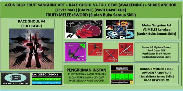 Gambar Product Akun Blox Fruit Sanguine Art + Race Ghoul V4 Full Gear (Awakening) + Shark Anchor (Godhuman + CDK) [Level MAX]