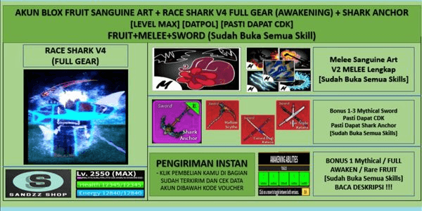 Gambar Product Akun Blox Fruit Sanguine Art + Race Shark V4 Full Gear (Awakening) + Shark Anchor (Godhuman + CDK) [Level MAX]